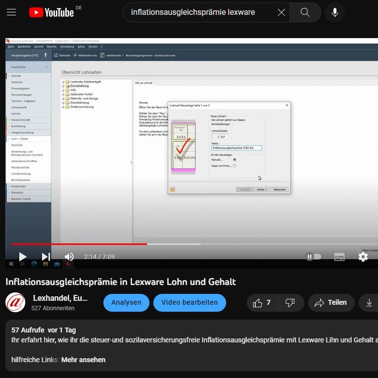 auf Youtube: Inflationsausgleichsprämie in Lexware Lohn und Gehalt